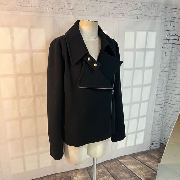 Calvin Klein Black Asymmetric Zip Wool Blend Spread Collar Moto Jacket Size 12 - Picture 2 of 10